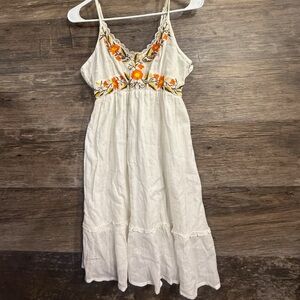 Elegant White Midi Dress with Orange Floral Accents